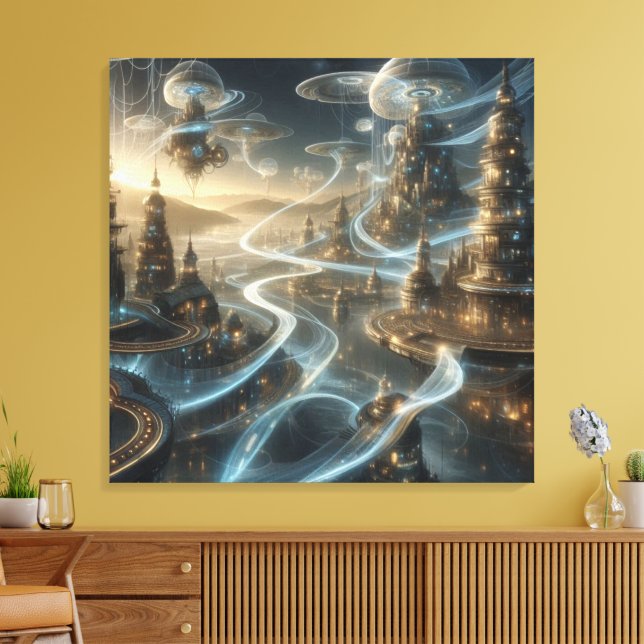 Futuristic Fantasy Space City Streams Canvas Print (Insitu(LivingRoom))
