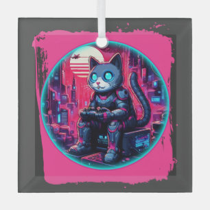 Futuristic Feline Tech Glass Ornament