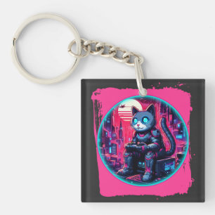 Futuristic Feline Tech Keychain
