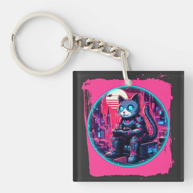 Futuristic Feline Tech Keychain (Front)