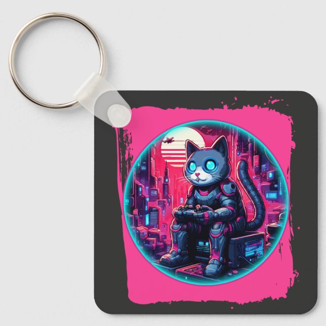 Futuristic Feline Tech Keychain (Front)
