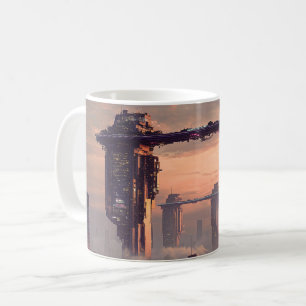 Futuristic floating megastructures above the city coffee mug