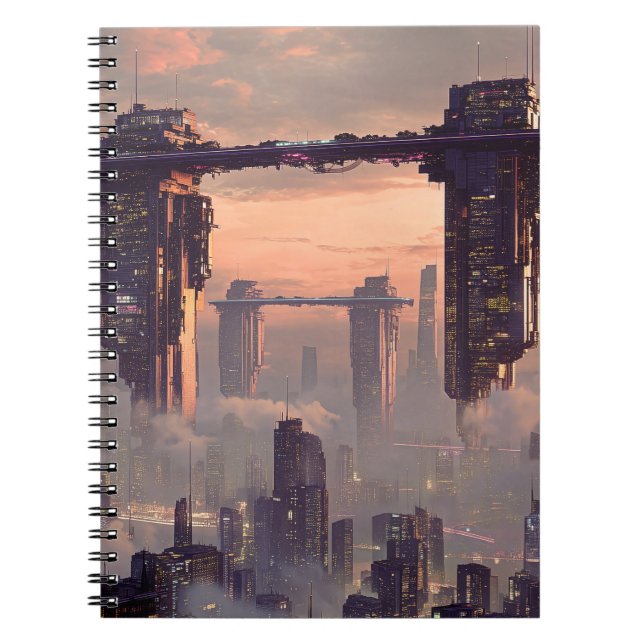 Futuristic floating megastructures above the city notebook (Front)