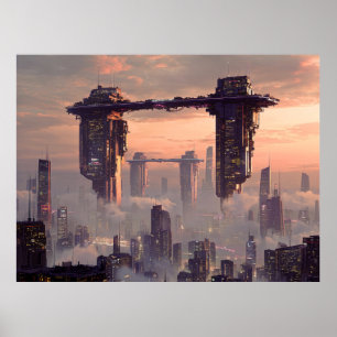 Futuristic floating megastructures above the city poster