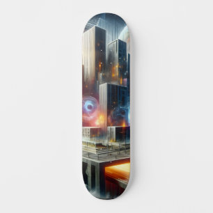 Futuristic floating metropolis with cosmic portals skateboard