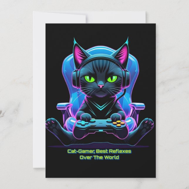 Futuristic gamer cat with joystick and feline atti invitation (Front)
