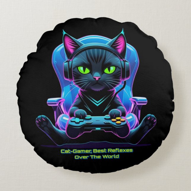 Futuristic gamer cat with joystick and feline atti round pillow (Front)