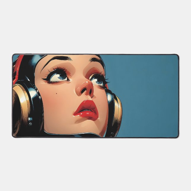 Futuristic Girl Portrait – Retro Pop Art Desk Mat (Front)
