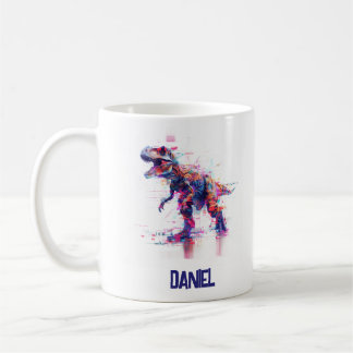 Futuristic Glitch T-Rex Dinosaur  With Kids Name Coffee Mug
