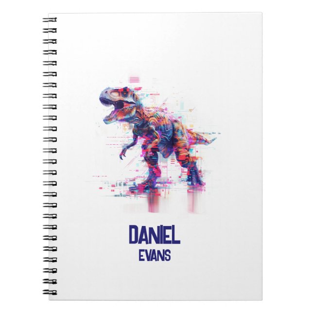Futuristic Glitch T-Rex Dinosaur  With Kids Name Notebook (Front)