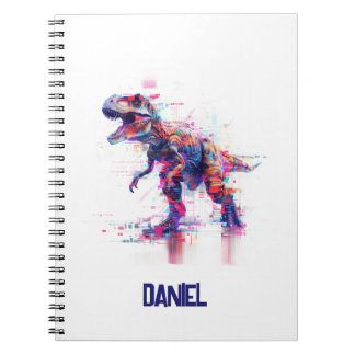 Futuristic Glitch T-Rex Dinosaur With Kids Name Notebook