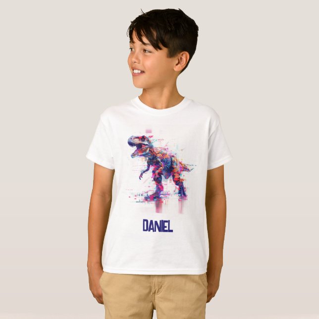Futuristic Glitch T-Rex Dinosaur  With Kids Name T-Shirt (Front Full)