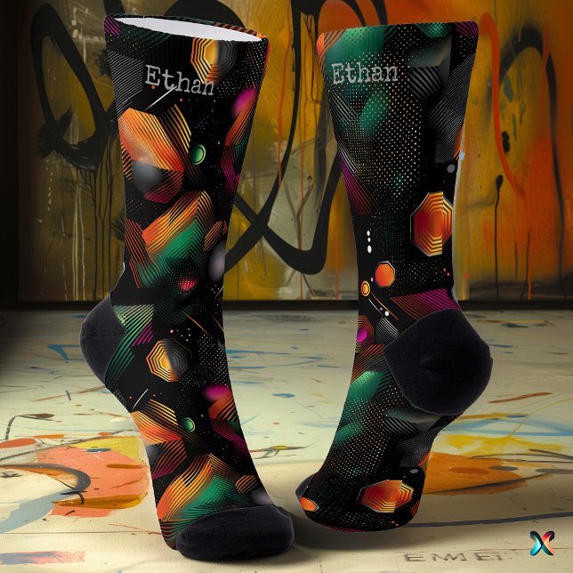 Futuristic Hexagon with Metallic Green Pink Orange Socks (Creator Uploaded)