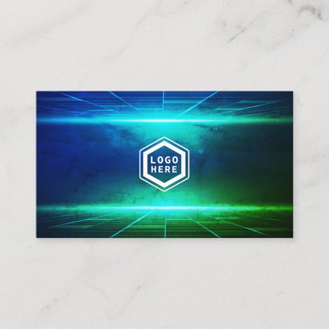 Futuristic Horizon Blue & Green Light Texture Business Card (Front)