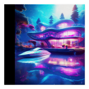 Futuristic House On The Lake Poster