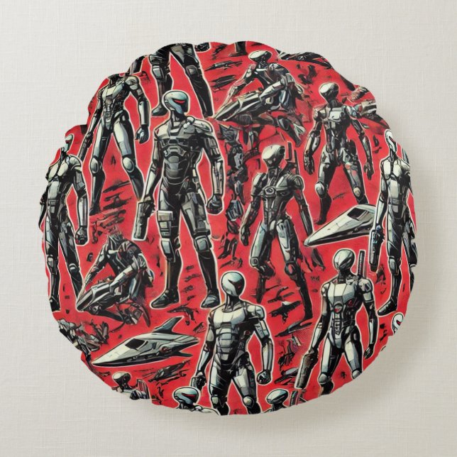Futuristic Humanoid Robot Pattern | AI Robotics Sc Round Pillow (Front)