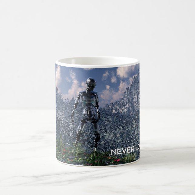 Futuristic landscape with robots. Never Look Back Coffee Mug (Center)