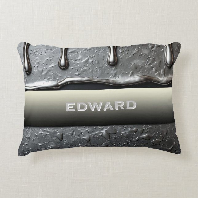 Futuristic Liquid Chrome Custom Name Silver Accent Pillow (Front)