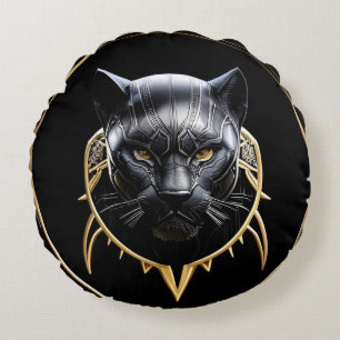 Futuristic Metallic Panther with Golden Accents Round Pillow
