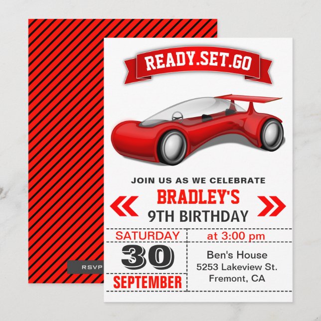 Futuristic Modern Red Sports Car Birthday Party Invitation (Front/Back)