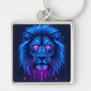 Futuristic Neon Cyber Lion Glowing Pink Eyes Squar Keychain