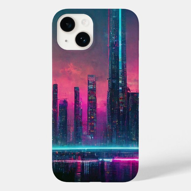 Futuristic Neon Cyberpunk Cityscape iPhone 14 Case (Back)
