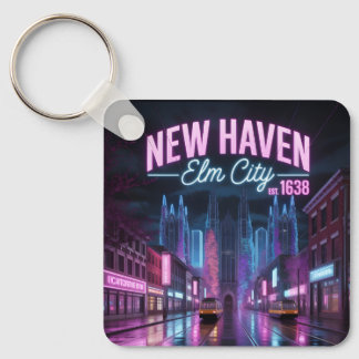 Futuristic Neon Cyberpunk New Haven Cityscape Keychain
