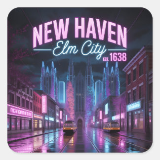 Futuristic Neon Cyberpunk New Haven Cityscape Square Sticker
