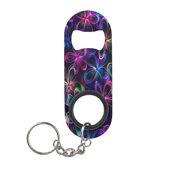 Futuristic Neon Flower Floral Display Keychain Bottle Opener (Front)