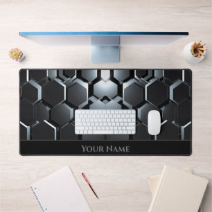 Futuristic neon glowing black hexagonal shapes desk mat