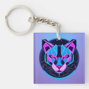 Futuristic Neon panther Face in Geometric Art Keychain