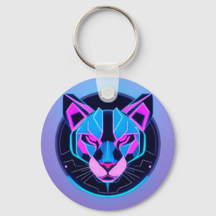 Futuristic Neon panther Face in Geometric Art Keychain