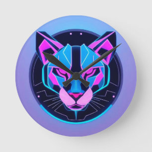 Futuristic Neon panther Face in Geometric Art Round Clock