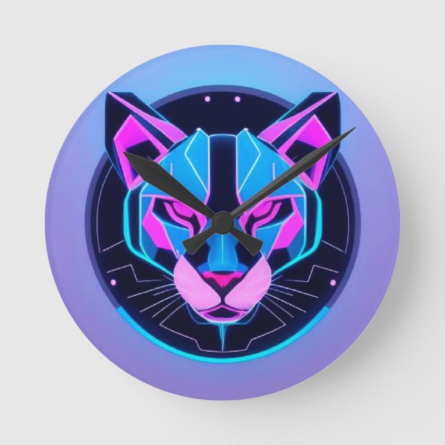 Futuristic Neon panther Face in Geometric Art Round Clock (Front)