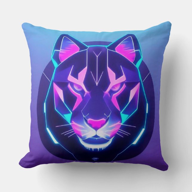 Futuristic Neon Panther Face Throw Pillow (Front)