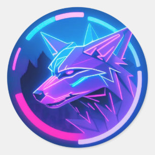 Futuristic Neon Wolf Face in Geometric Art Classic Round Sticker