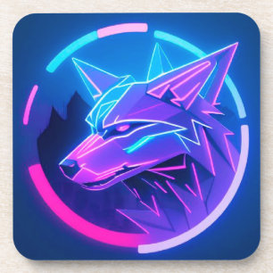 Futuristic Neon Wolf Face in Geometric Art Coaster