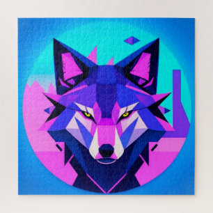Futuristic Neon Wolf Face in Geometric Art Jigsaw Puzzle