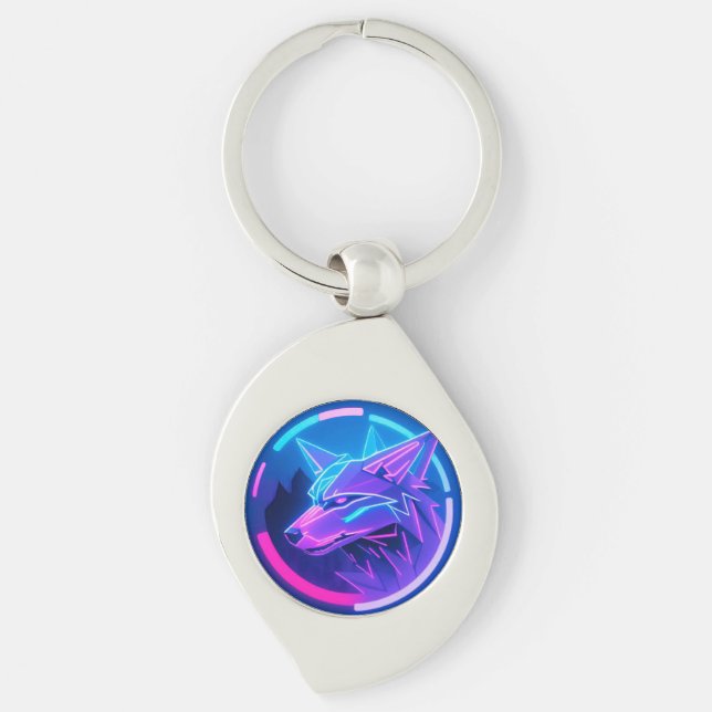 Futuristic Neon Wolf Face in Geometric Art Keychain (Front)