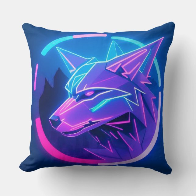 Futuristic Neon Wolf Face in Geometric Art Throw Pillow (Front)