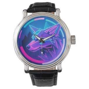 Futuristic Neon Wolf Face in Geometric Art Watch