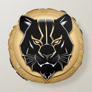 Futuristic Panther Emblem with Metallic Details Round Pillow