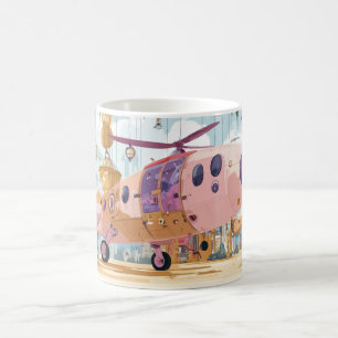 Futuristic pink and beige helicopters in a stylize coffee mug