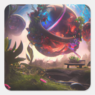 Futuristic Planet and Garden Art Square Sticker