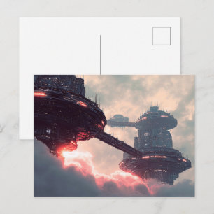 Futuristic platforms in the clouds at twilight postcard