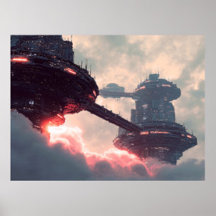 Futuristic platforms in the clouds at twilight poster