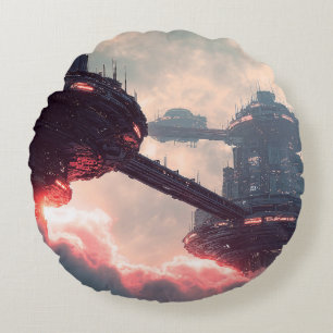 Futuristic platforms in the clouds at twilight round pillow