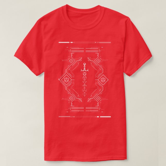 Futuristic Polyhedral Dice Sword and D20 Dice Crit T-Shirt (Design Front)