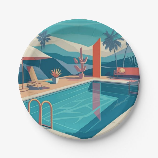 Futuristic Pool Scene Paper Plate (Front)