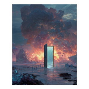 Futuristic Portal Amid Fiery Skies Poster